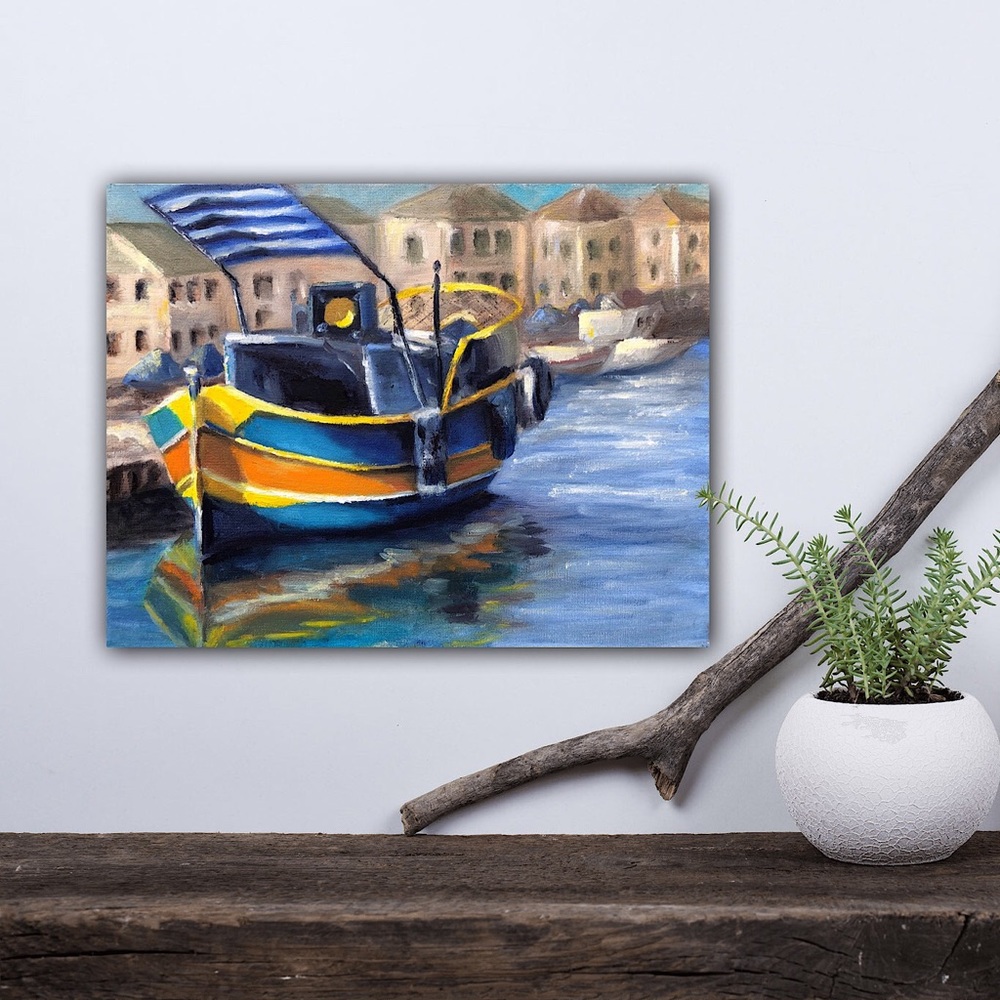 Original Oil Painting on 11x14” canvas board of a colorful boat unframed